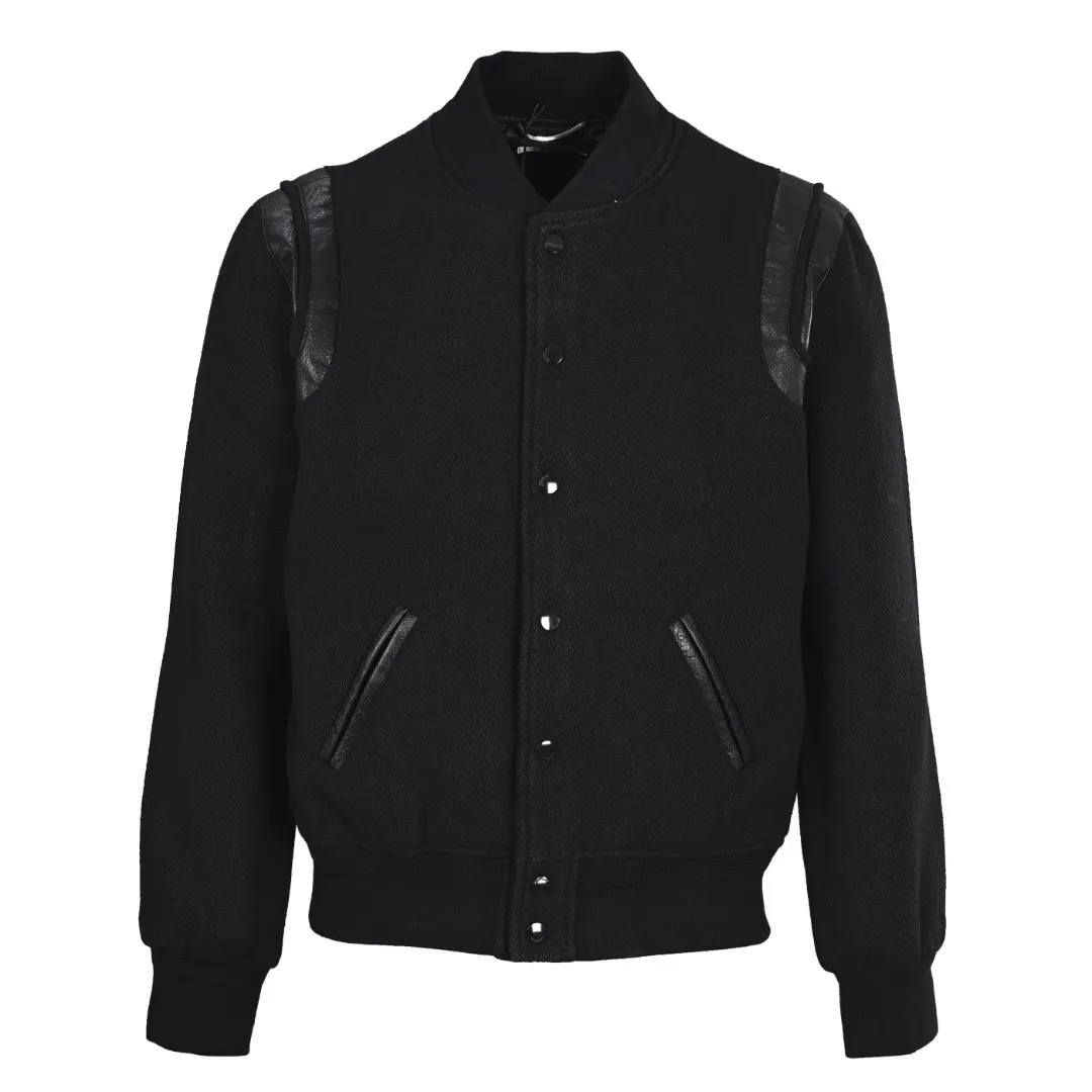P480 Saint Laurent Paris slp classic leather patchwork black and white baseball collar jacket. Original version 1:1 to develop the highest version on the Internet. It took 2 months to customize pure wool fabric and jacquard ribbing (ordinary machines cannot achieve this jacquard effect). The version is super handsome. The patchwork position is very particular about parking technology. Whether the whole dress looks good or not depends on this position. Same style for men and women. Color: black and white spelling/white/black. Size: 46 48 50 52
